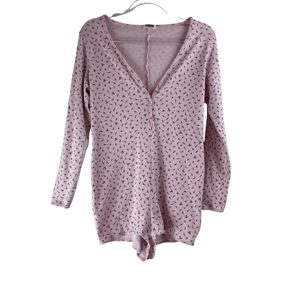 PINK Victoria's Secret Floral Pointelle Romper Pink Rose Long Sleeve Large L